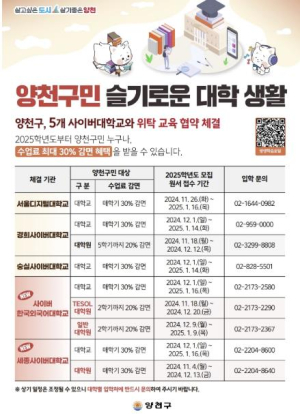 양천구, 2025년 5개 사이버 대학교 수업료 30% 감면 지원