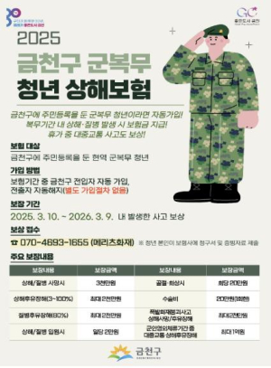 금천구, 나라 지키는 군복무 청년 대상 상해보험 최대 3천만 원 지원