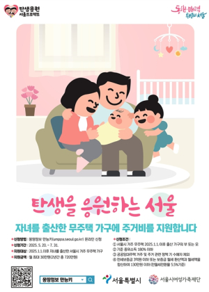 서울시, 전국 최초 출산 무주택 가구에 720만 원 주거비 지원… 20일부터 신청