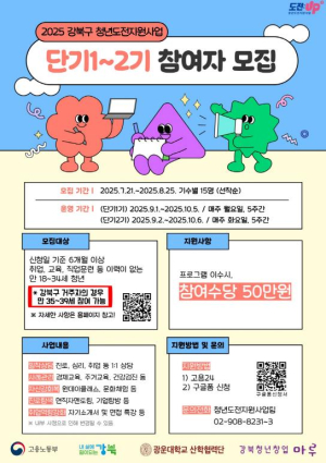 강북구, 청년도전지원사업 단기 프로그램 참여자 모집