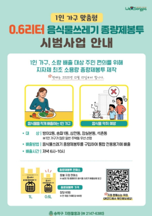 1인 가구 음식물쓰레기도 소량씩 깔끔하게! 송파구, 전국 최초 0.6ℓ 음식물 봉투 시범운영