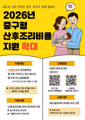 서울 중구, 산후조리비 지원 `6개월 거주` 요건 없앴다
