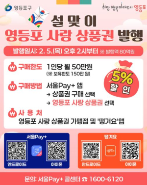 영등포구, 설맞이 `영등포 사랑상품권` 80억 원 발행