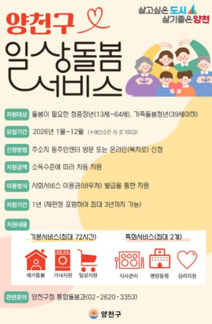 ˝혼자 견디지 마세요˝ 양천구, 청년·중장년 `일상돌봄 지원` 더 넓어진다