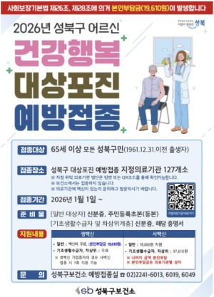 성북구, 대상포진 예방접종 65세 이상 전면 지원 확대