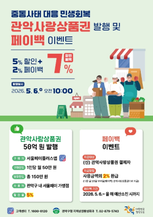 관악구, 관악사랑상품권 50억 발행 중동발 위기 대응 `민생 회복` 집중