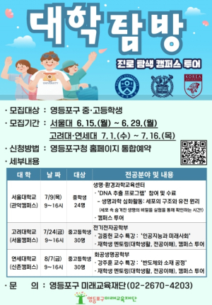 ˝SKY 캠퍼스 탐방 가자!˝ 영등포구, `진로 탐색 대학탐방` 참여자 모집