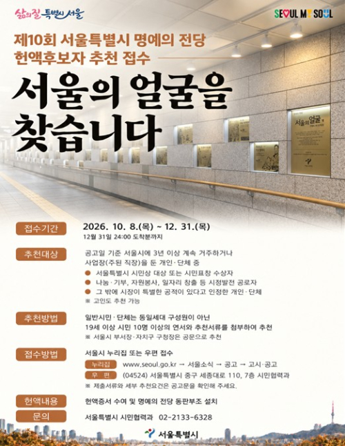 서울시, 명예의 전당에 오를 ‘서울의 얼굴’ 을 추천해 주세요